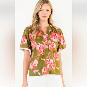 THML Green and Pink Floral Button-Down Shirt